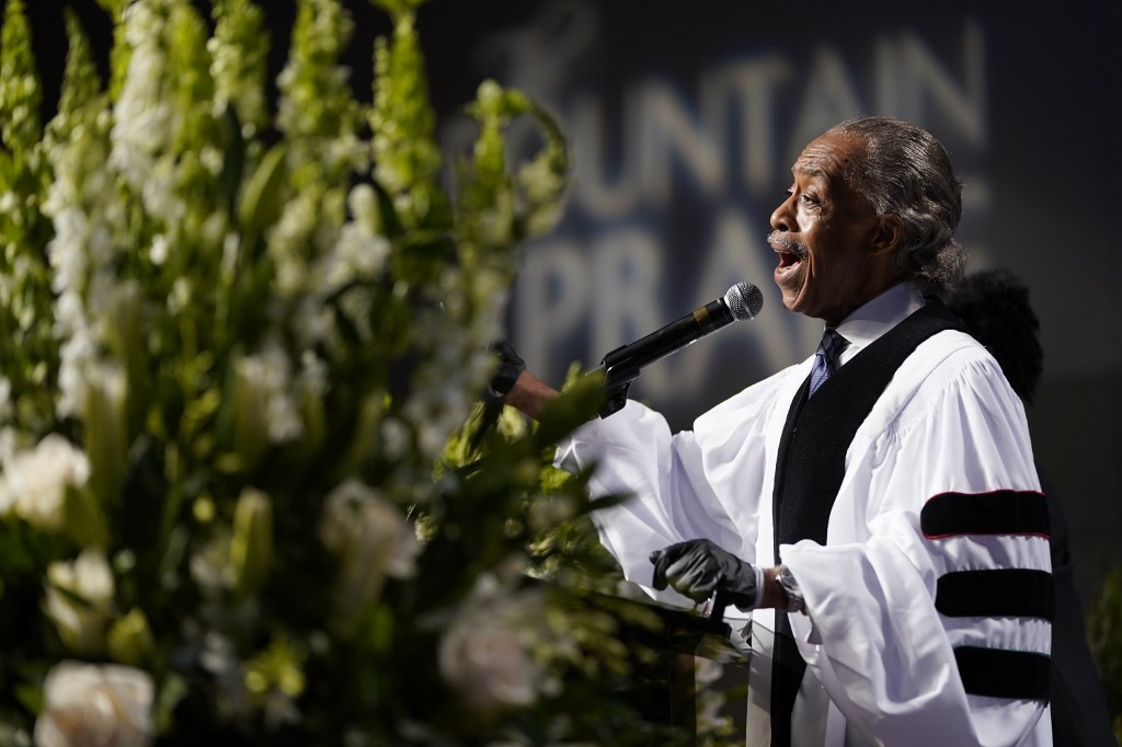 The Rev. Al Sharpton speaks during the funeral for George Floyd on June 9, 2020, at The Fountain of Praise church in Houston. - George Floyd will be laid to rest Tuesday in his Houston hometown, the culmination of a long farewell to the 46-year-old African American whose death in custody ignited global protests against police brutality and racism. Thousands of well-wishers filed past Floyd's coffin in a public viewing a day earlier, as a court set bail at  million for the white officer charged with his murder last month in Minneapolis. (Photo by David J. Phillip / POOL / AFP)
